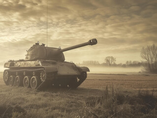 Historic tank positioned in a foggy field at dawn with soft light illuminating the landscape