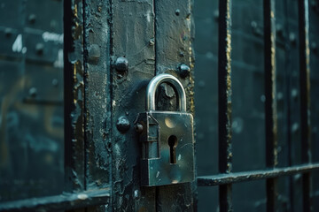 Secure padlock on a heavily rusted metal door in an abandoned building at dusk