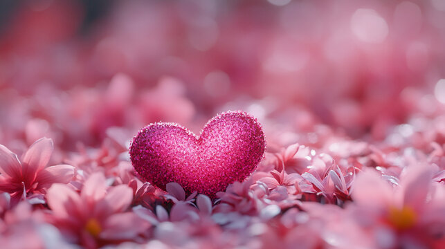 Romantic pink heart surrounded by vibrant flowers for Valentine's Day celebration