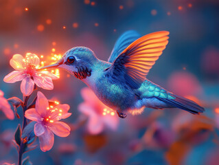 Colorful hummingbird feeding on vibrant flowers in a magical garden setting