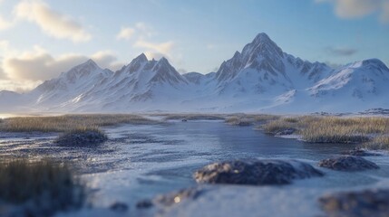 Serene Winter Landscape: Snow-Capped Mountains and Frozen Lake