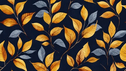 Elegant Watercolor Autumn Leaves Seamless Pattern: Gold and Blue Hues on Dark Background