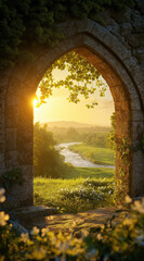 A Peaceful Scene Through an Ancient Castle Archway Framing Lush Greenery
