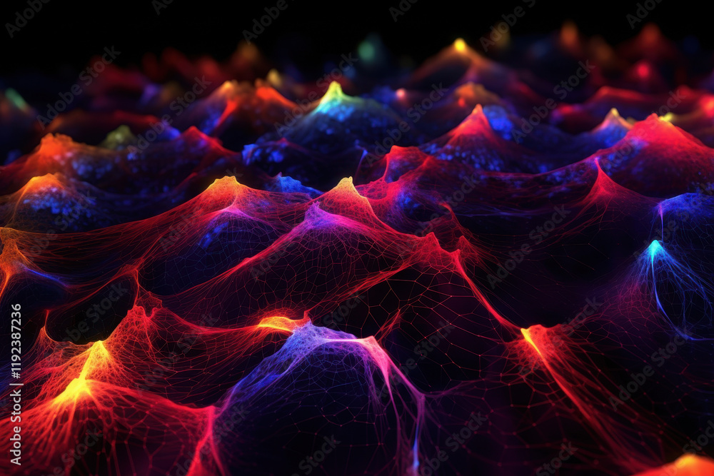 Poster colorful abstract representation of waves and patterns in a digital landscape