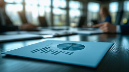 Financial Data Analysis: A close-up shot of a financial report with a pie chart and data tables laid out on a conference table.