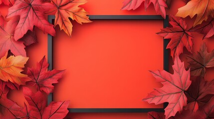 Obraz premium Create a vibrant collage of 3D autumn leaves with soft shadows, framing an empty rectangular center. 