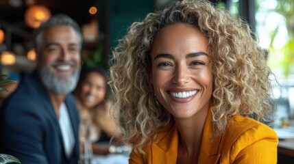 Obraz premium Smiling young caucasian female in café with friends in background
