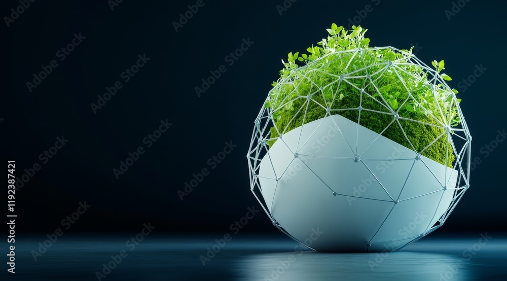 Poster white geometric tech product with moss growing inside, sphere with intricate network design