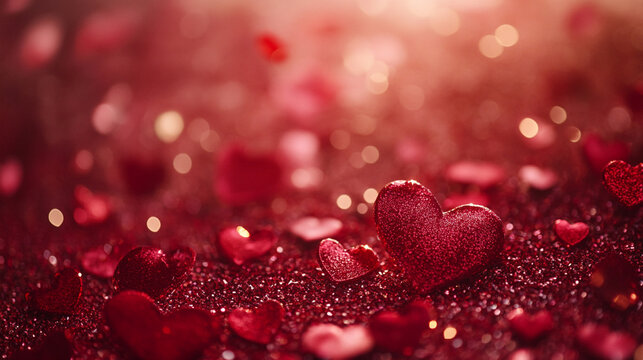 Festive decorations of red hearts for a romantic Valentine's Day celebration