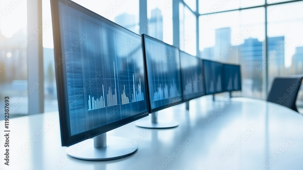 Poster financial data analysis: four large monitors displaying dynamic financial charts and graphs in a mod