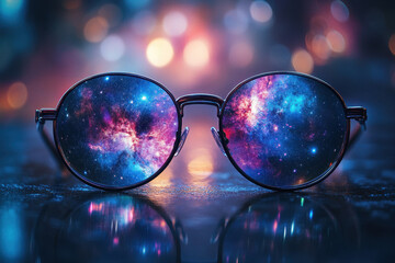 Colorful galaxy reflections in stylish round glasses on a blurred background