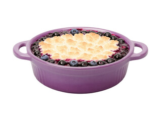 Blueberry Cobbler, deep purple berries under sugar-dusted crust, blue and golden hues, served in ramekin, homestyle appeal