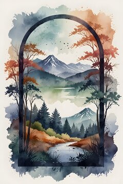 Landscapes captured through an ogival frame in watercolor style
