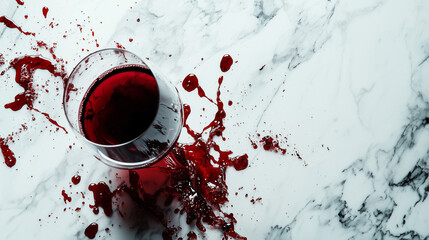 A dramatic image of a glass of red wine spilling onto a smooth marble surface, creating a vibrant red stain. The contrast between the dark red wine and cool, white stone is visually striking.