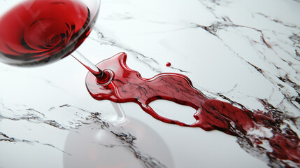 A dramatic image of a glass of red wine spilling onto a smooth marble surface, creating a vibrant red stain. The contrast between the dark red wine and cool, white stone is visually striking.