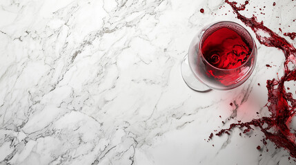 A dramatic image of a glass of red wine spilling onto a smooth marble surface, creating a vibrant red stain. The contrast between the dark red wine and cool, white stone is visually striking.
