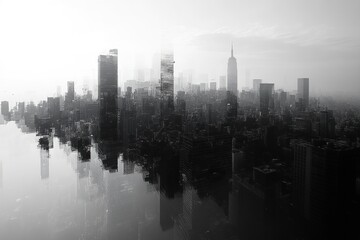 Cityscape reflecting in water, sunrise, hazy skyline