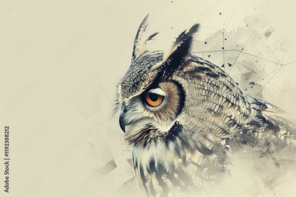Poster close up of an owl combined with abstract geometric shapes, creating a unique and captivating artwor