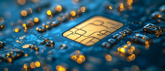 Close-up of Chip Card Technology: A detailed macro shot reveals the intricate circuitry and golden chip of a modern credit or debit card, embedded in a technological marvel.