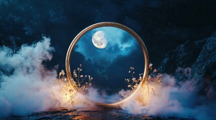 Enchanted vintage mirror surrounded by tulle mist and moonflowers under a starry sky dreamlike setting ethereal viewpoint fantasy concept
