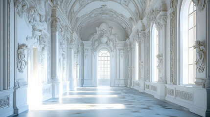 Fototapeta premium Serene White Palace Hallway: Architectural Grandeur and Light