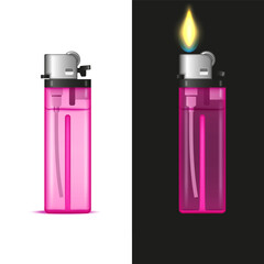 Pink plastic lighter isolated with transparent body and metallic top realistic vector 3d, industrial detailed design in two views: isolated on a white background and with a flame on a dark background.