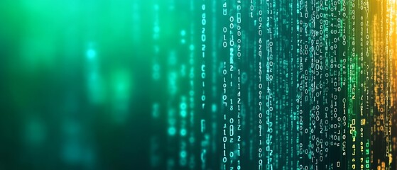 Digital Background Featuring Data and Binary Code in Dark Teal, Green, Black, and Gold Tones, Futuristic Digital Landscape with Glowing Lights