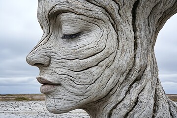 A weathered wooden sculpture of a woman's face evokes serenity and contemplation amidst a natural landscape.