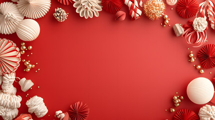 Festive decorations display holiday season decorative items vibrant red background aesthetic perspective celebration concept