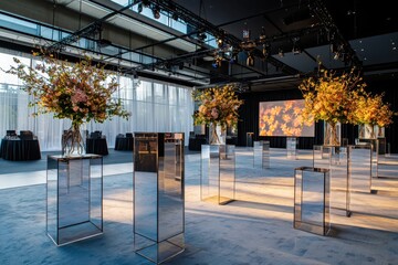 Dynamic virtual event planning design for corporate branding modern venue floral decor indoor space professional atmosphere