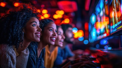 Diverse young adults enjoying exciting game night in vibrant arcade setting