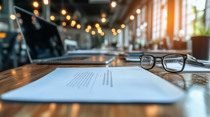 Office Workspace: A close-up view of a cluttered workspace featuring a laptop, glasses, a document, and a pen.  The setting radiates a sense of productivity and focus.  A warm light bathes the scene.