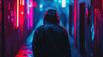 Obraz premium Neon Nights: A Solitary Figure in a Cyberpunk Alley