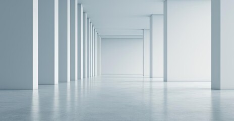Fototapeta premium Minimal symmetry idea. Spacious empty modern interior with white walls and polished concrete floor.