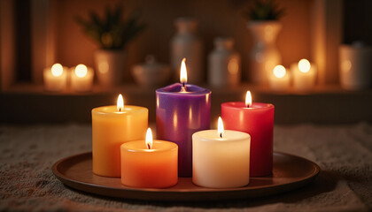 Chakra alignment with colorful candles in dim room, healing energy