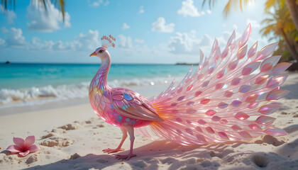 "Iridescent Prismatic Crystal Glass Peacock on a Plumeria Beach"