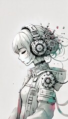 Anime girl with headset vibe to music , cyberpunk, steampunk, sci-fi, fantasy
