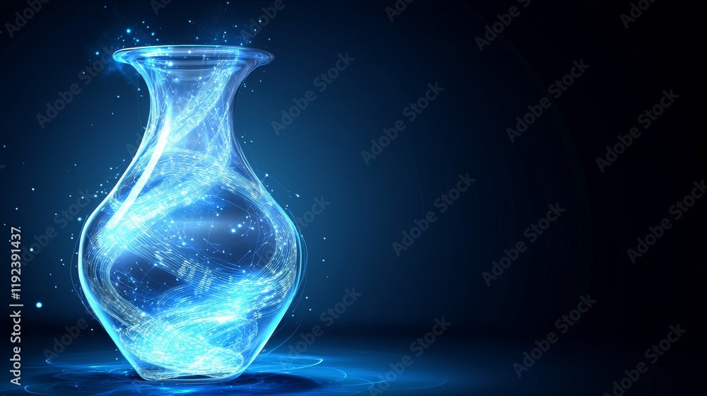 Poster glass spiral-shaped vase made of data with lines and dots on dark gradient background