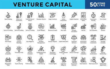 Venture Capital icons set with seed funding, return on investment, internal rate of return, valuation metrics, angel investors, equity investment, capital injection icon. Simple line vector 
