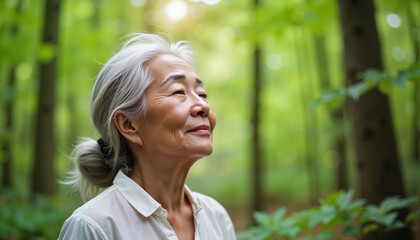 Fototapeta premium Elderly Asian woman experiencing tranquility in Japanese forest, peace