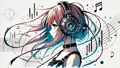 Anime girl with headset vibe to music , cyberpunk, steampunk, sci-fi, fantasy