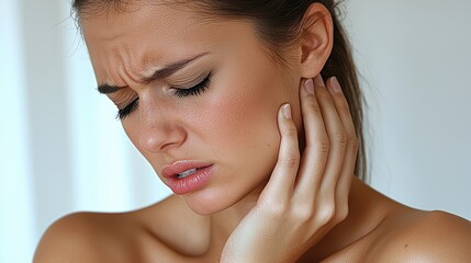 Naklejka premium Young caucasian female experiencing ear pain with discomfort expression