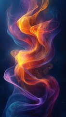 Colorful abstract smoke swirling in dark space, particles glowing