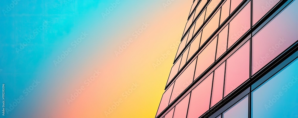 Poster symmetry gradient concept. modern building facade reflecting vibrant colors against a clear sky.