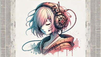 Anime girl with headset vibe to music , cyberpunk, steampunk, sci-fi, fantasy