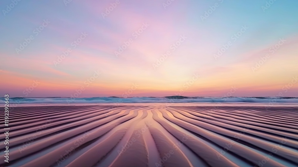 Poster Minimal symmetry idea. A serene beachscape at sunset with gentle waves and soft sand patterns.