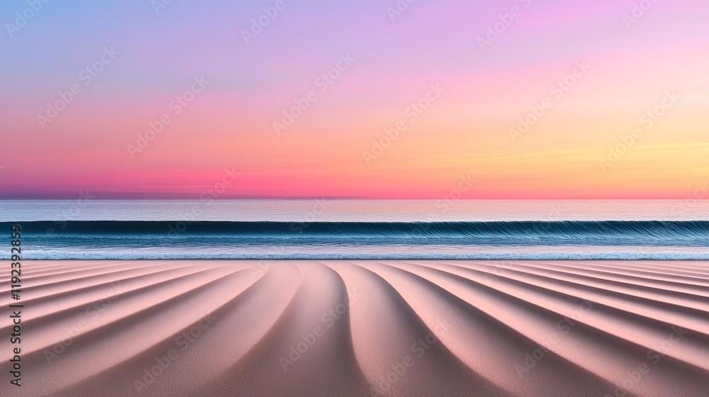 Poster minimal symmetry idea. a serene sunset over gentle ocean waves and smooth sand dunes creates a tranq
