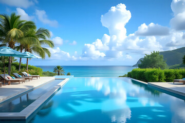 Obraz premium Stunning landscape, swimming pool blue sky with clouds. Fantastic relax and peaceful vibes, chairs, loungers under