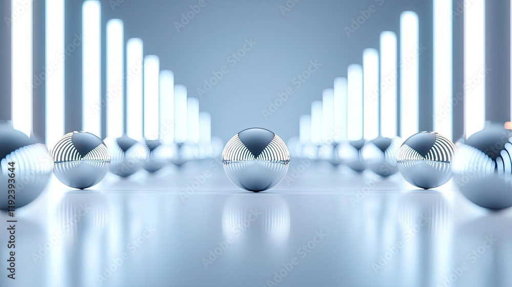 Poster symmetry gradient concept. a futuristic scene with metallic spheres aligned under bright lights, cre