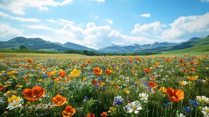 A beautiful 3D rendering of a tranquil meadow, dotted with colorful wildflowers, and a backdrop of rolling hills under a bright blue sky.